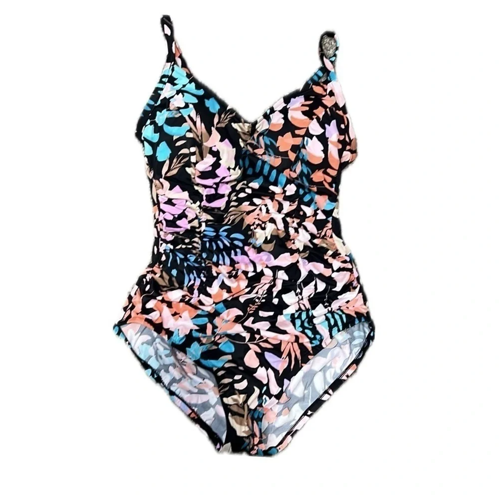 Aqua Green Tropical Ruched Princess Seamed One‎ Piece Bathing Suit size Medium